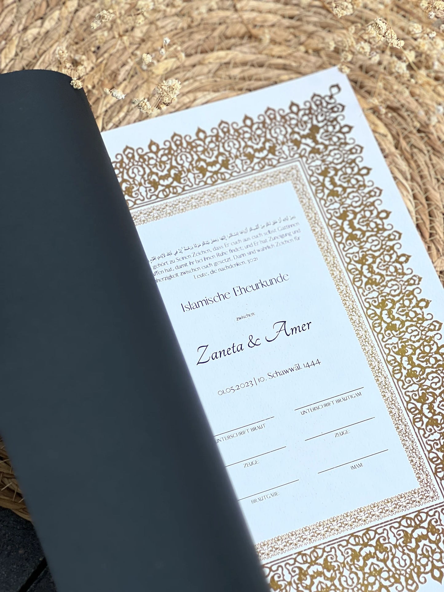 Nikah-Zertifikat mit personalisierten Namen und Hochzeitsdatum für Muslime