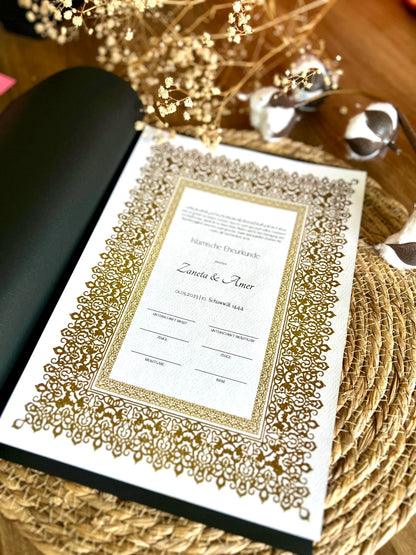Hochwertiges Nikah-Zertifikat zur Bestätigung der Ehe mit Anpassungsmöglichkeiten für Namen und Datum
